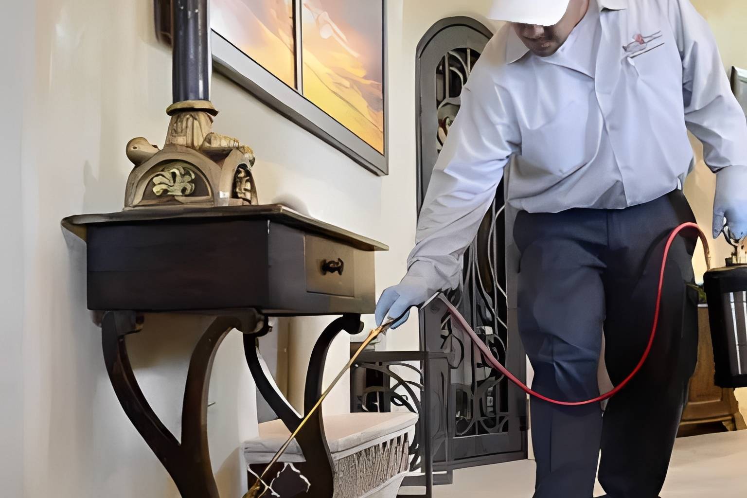 Pest control technician spraying inside living room