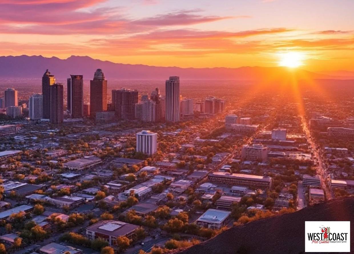 Aerial sunset over city skyline and mountains