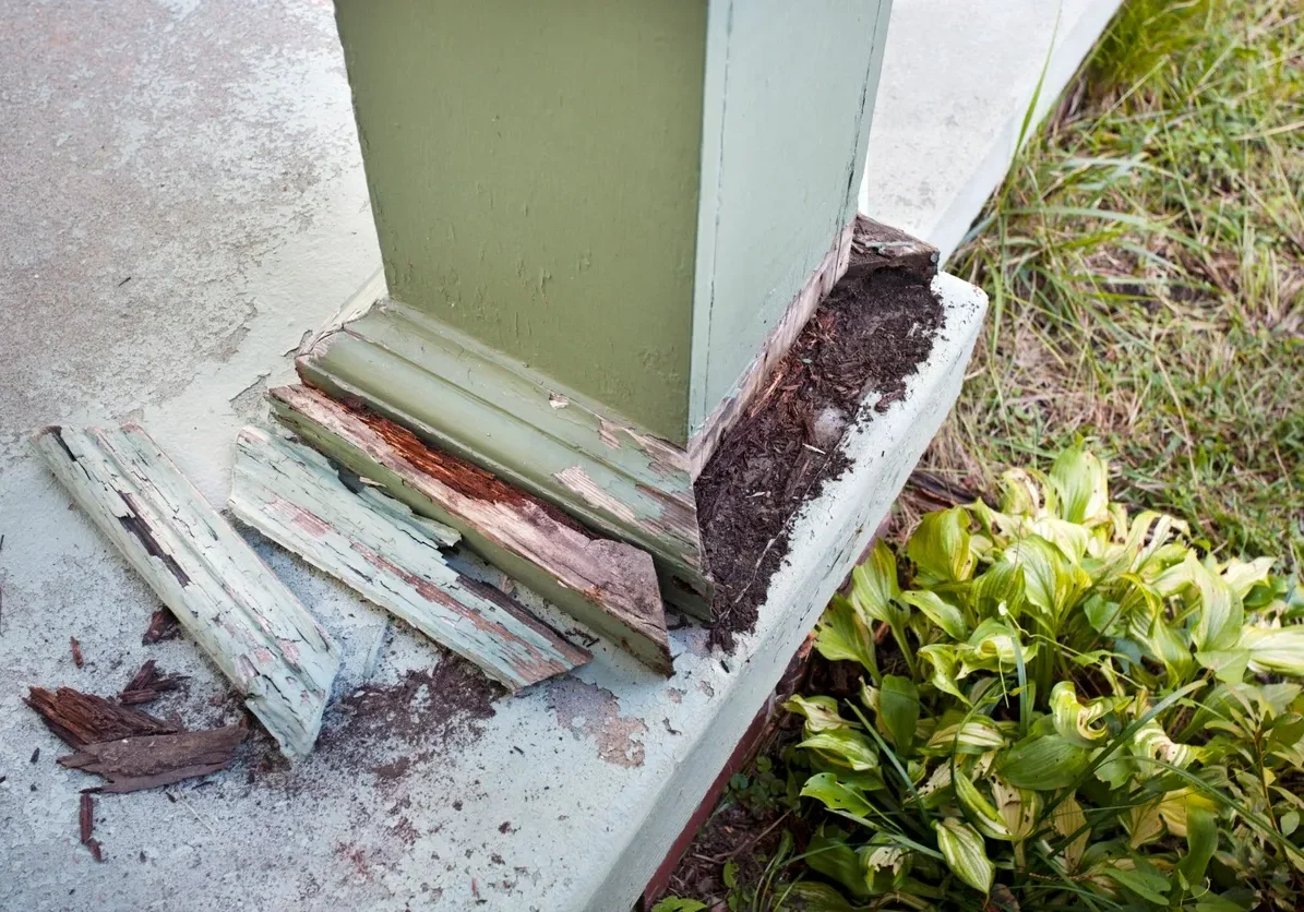 Deteriorated wooden pillar on porch